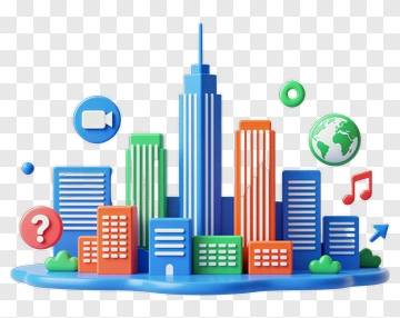 3D City Skyline With Multimedia Icons PNG