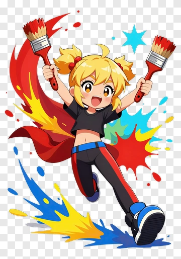 Cartoon Girl Holding Paintbrushes With Color Splashes PNG