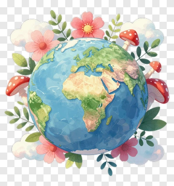 Colorful Earth Surrounded By Flowers And Mushrooms PNG