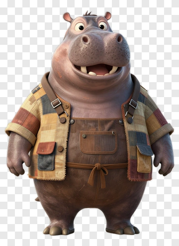 3D Cartoon Hippo Character Wearing A Jacket PNG