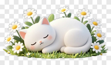 Cartoon White Cat Sleeping On Grass With Daisies PNG
