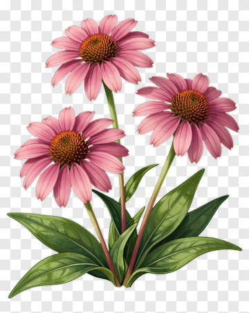 Pink Echinacea Flowers With Green Leaves PNG