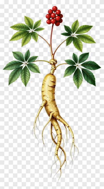 Ginseng Plant With Green Leaves And Red Berries PNG