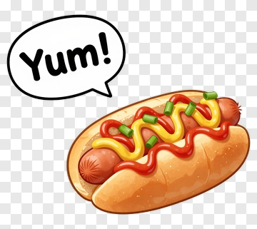 Cartoon Hot Dog With Yum Speech Bubble PNG