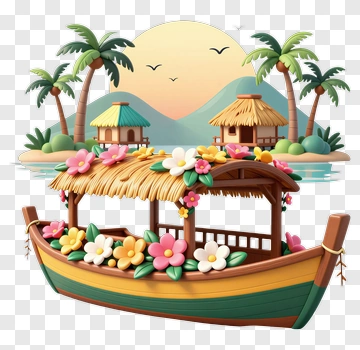 Tropical Boat Surrounded By Palm Trees And Mountains PNG