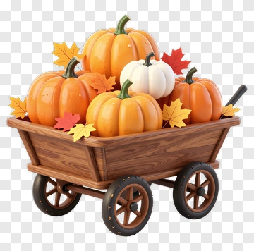 Colorful Pumpkin Cart With Autumn Leaves PNG