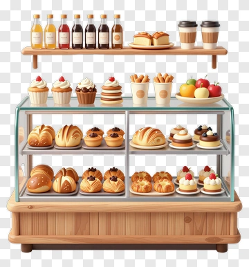 Bakery Display Case With Pastries And Beverages PNG