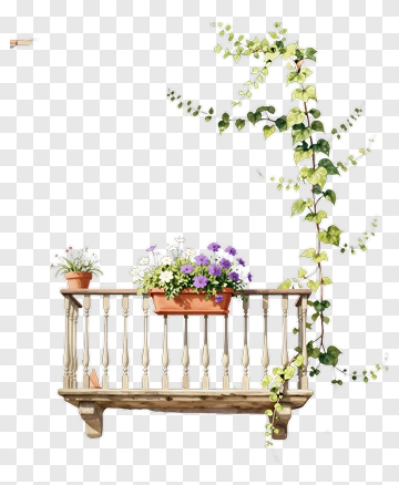 Flower Pot On A Wooden Balcony With Green Vines PNG