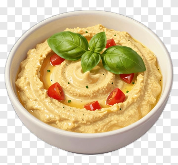 Bowl Of Hummus Garnished With Cherry Tomatoes And Basil PNG