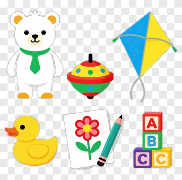 Colorful Toy Collection Featuring A Bear, Duck, And Kite PNG