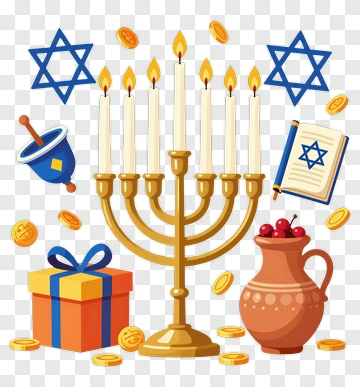 Hanukkah Menorah With Coins And Gifts PNG
