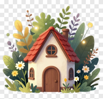 Colorful House Surrounded By Flowers And Leaves PNG