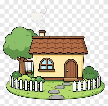 Cartoon House With Tree And Fence PNG