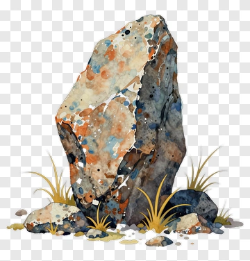 Watercolor Rock Surrounded By Grass PNG