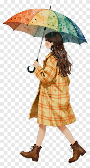 Woman Walking With A Colorful Umbrella PNG