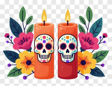Colorful Candles With Sugar Skulls And Flowers PNG