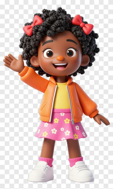 Cartoon Girl Waving In A Pink Floral Skirt PNG