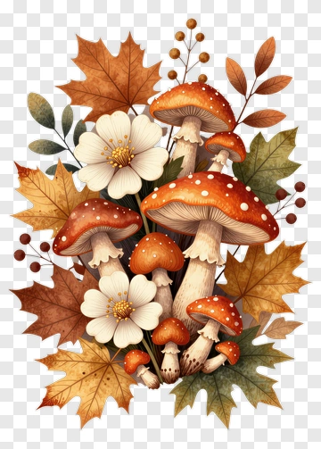 Colorful Mushroom Bouquet With Autumn Leaves PNG