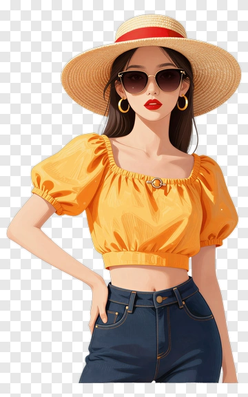Fashionable Woman In Yellow Top And Straw Hat PNG