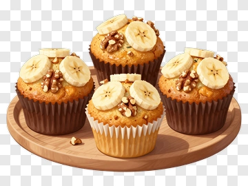 Banana Muffins On A Wooden Platter PNG