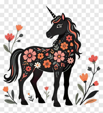 Black Unicorn With Floral Design PNG