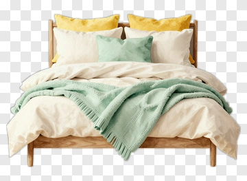 Cozy Bed With Decorative Pillows And Blanket PNG