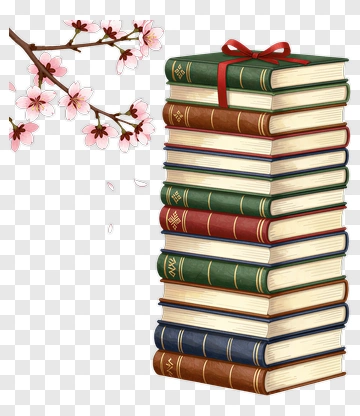 Stack Of Books With Cherry Blossom PNG
