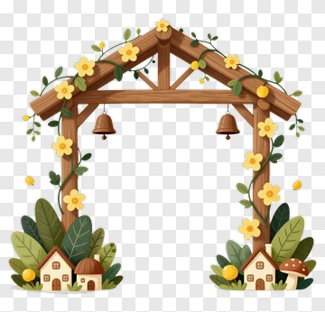 Floral Wooden Arch With Bells And Houses PNG