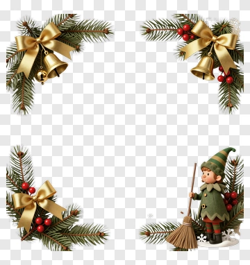 Christmas Elf With Broom Surrounded By Pine Decorations PNG