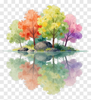 Colorful Watercolor Trees By A Reflective Lake PNG