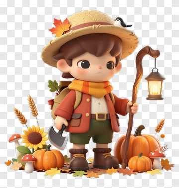 Cartoon Boy Holding A Lantern In A Pumpkin Patch PNG