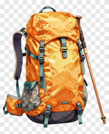 Orange Hiking Backpack With Walking Stick PNG