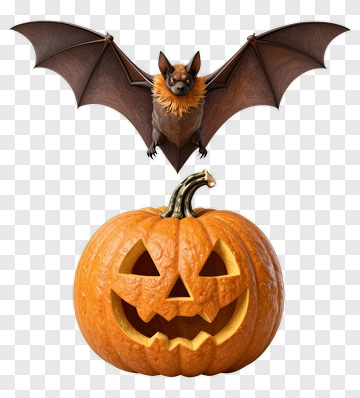 Halloween Bat Above A Jack-O'-Lantern Pumpkin PNG