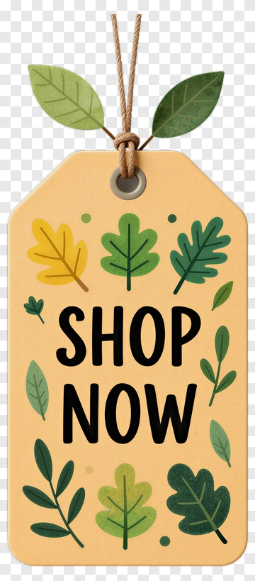 Shop Now Tag With Green Leaves PNG