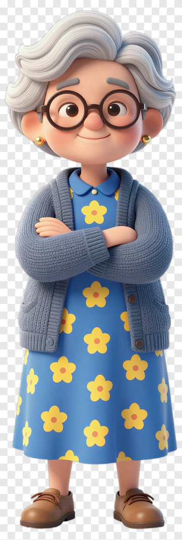 Cartoon Grandmother With Glasses And Flower Dress PNG
