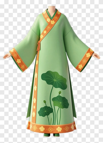 Traditional Green Kimono With Lotus Design PNG
