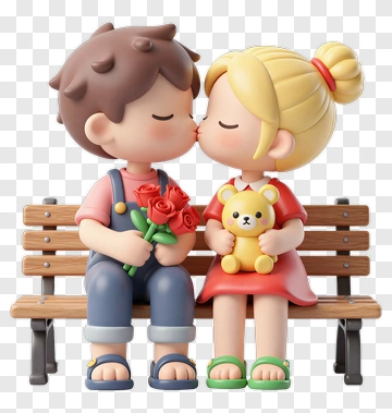 Cartoon Couple Sitting On A Bench Kissing PNG