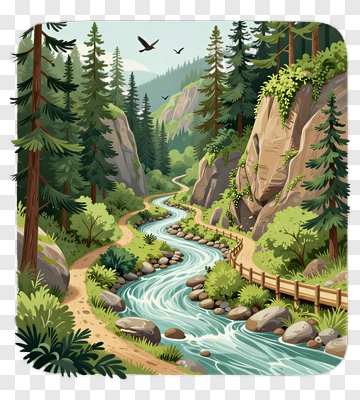 Scenic River Flowing Through A Forest Landscape PNG