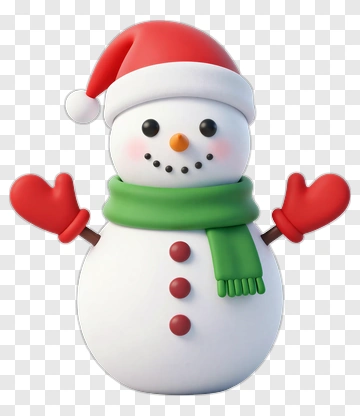 Cartoon Snowman Wearing A Santa Hat And Green Scarf PNG
