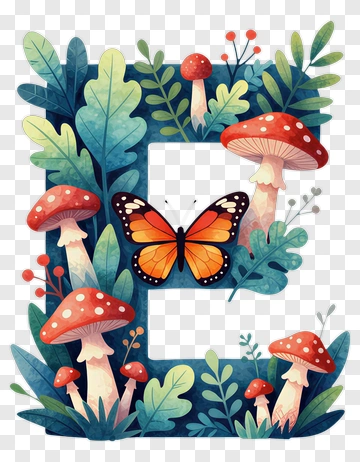 Colorful Letter E With Butterfly And Mushrooms PNG