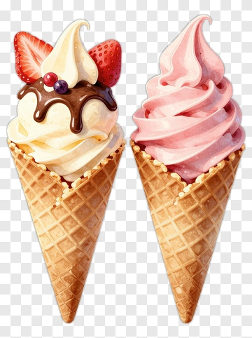 Ice Cream Cones With Strawberry And Chocolate Toppings PNG