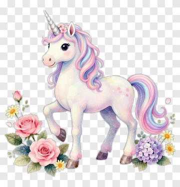 Cartoon Unicorn Surrounded By Flowers PNG