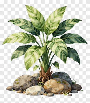 Colorful Plant With Rocks PNG