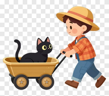 Child Pulling A Wagon With A Black Cat PNG