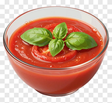 Bowl Of Tomato Soup With Fresh Basil Leaves PNG