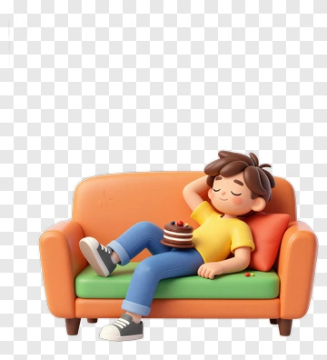 Cartoon Boy Relaxing On A Couch With Cake PNG
