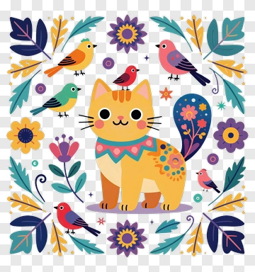 Cartoon Cat Surrounded By Colorful Flowers And Birds PNG