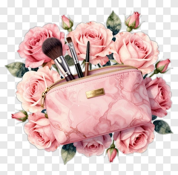 Pink Makeup Bag Surrounded By Roses PNG