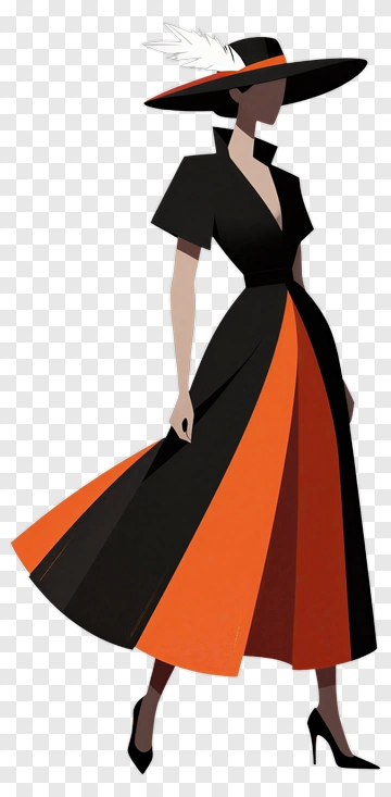 Stylish Woman In A Black And Orange Dress PNG