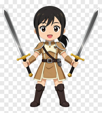 Cartoon Warrior Girl Holding Two Swords PNG
